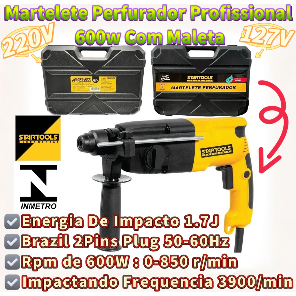 Martelete Perfurador Furadeira Elétrica Profissional 600w 127V OU 220V Com Maleta Startools