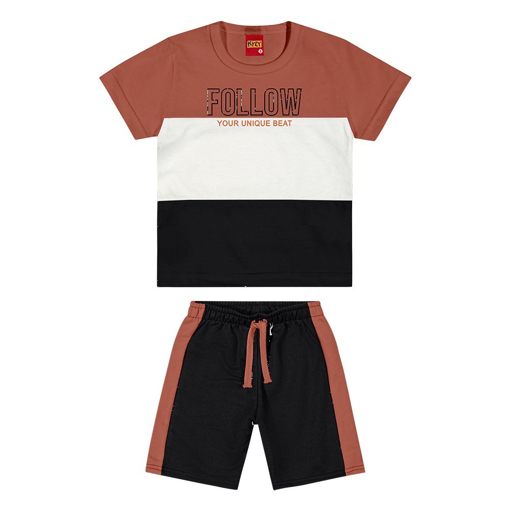Conjunto Kyly Camiseta em Algodão e Bermuda em Moletom -Listrado
