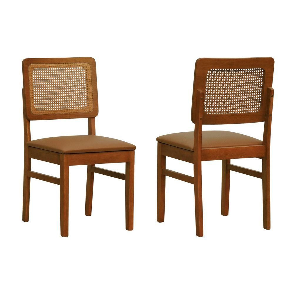 Kit 2 Cadeiras Madeira Maciça Lyon Encosto Telinha Amêndoa - Amêndoa Assento Estofado Corano Caramelo