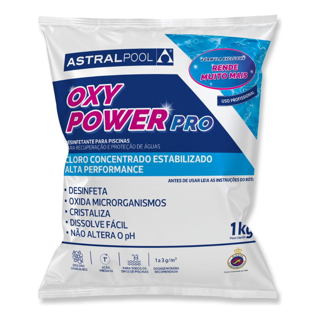 Cloro MultiAção Piscina Oxy Power Pro Astralpool 1Kg Granulado 5 em 1 Limpeza e Manutenção Água