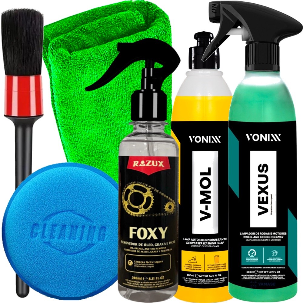 Kit Foxy Razux Limpa Corrente + Vexus Limpa Motor e Rodas + V-Mol Shampoo Limpeza Pesada e Acessórios em Oferta na Shopee