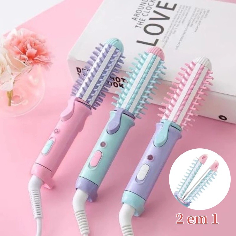 Mini Escova enrola cabelo chapinha bivolt portátil alisadora 2em1 para 220v e 110v em Oferta na Shopee
