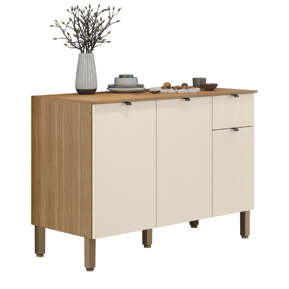 Balcão de Cozinha 3 Portas 1 Gaveta com Tampo 1,20m Vert Plus Madeirado / Off White Kit's Paraná em Oferta na Shopee