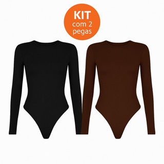 Kit 2 Body Feminino Manga Longa Gola Redonda Justo Básico Estiloso em Oferta na Shopee