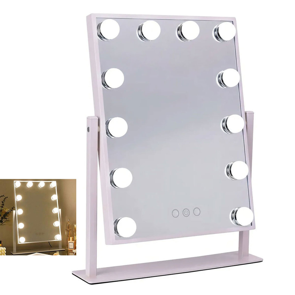 Espelho Camarim Grande 12 Lampadas LED Brilho Ajustavel 3 Tons Rotaçao 360º Iluminaçao Maquiagem Penteadeira Bancada