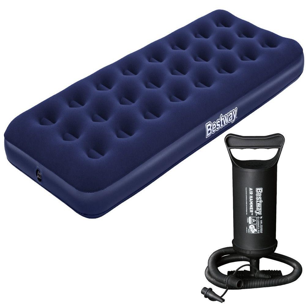 Colchão Inflável Solteiro Bestway 185x76x22cm + Bomba De Ar Bestway Manual Com 3 Bicos Adaptadores em Oferta na Shopee