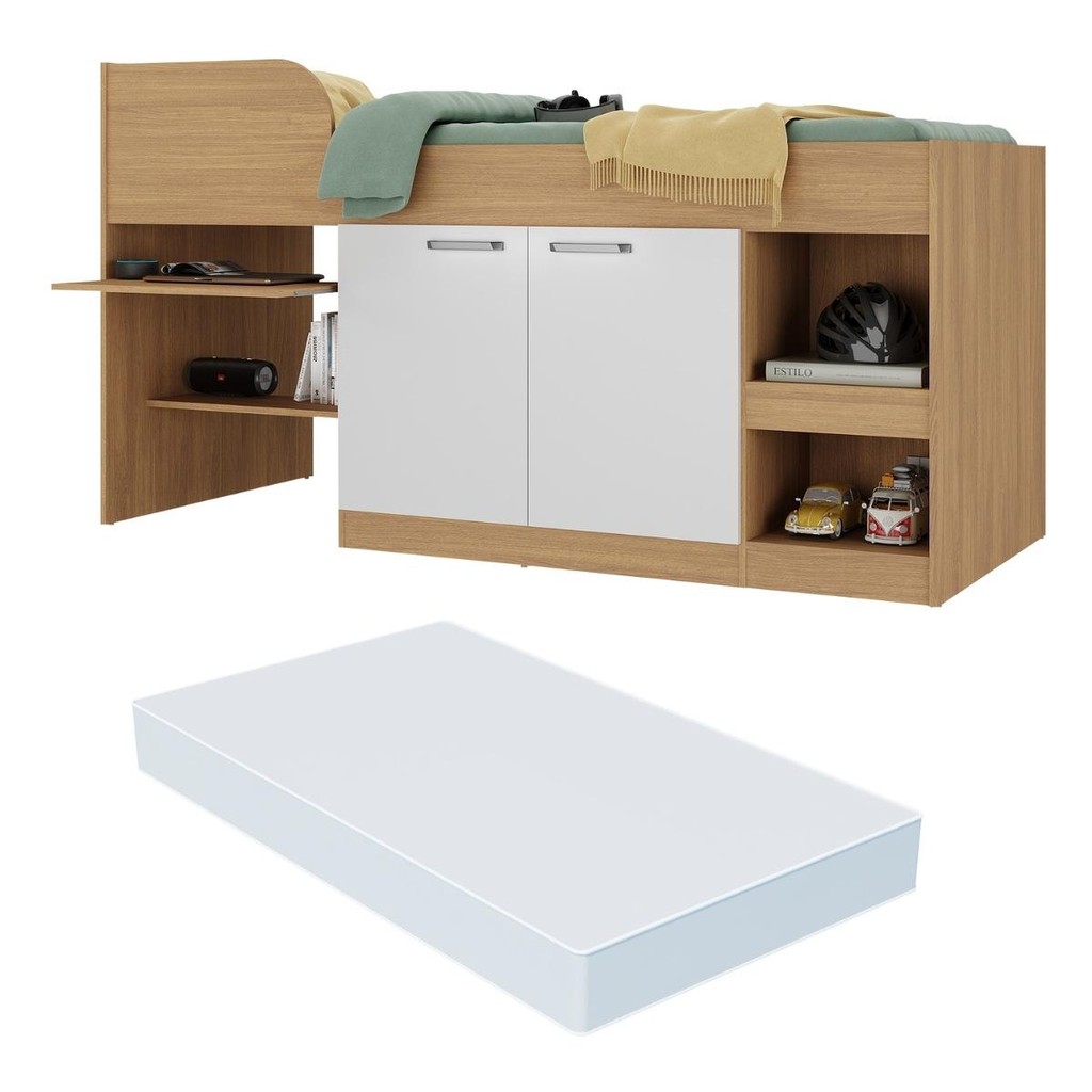 Cama Solteiro Multifuncional com Colchão Incluso 2 Portas e Escrivaninha Multimóveis MP4235 em Oferta na Shopee