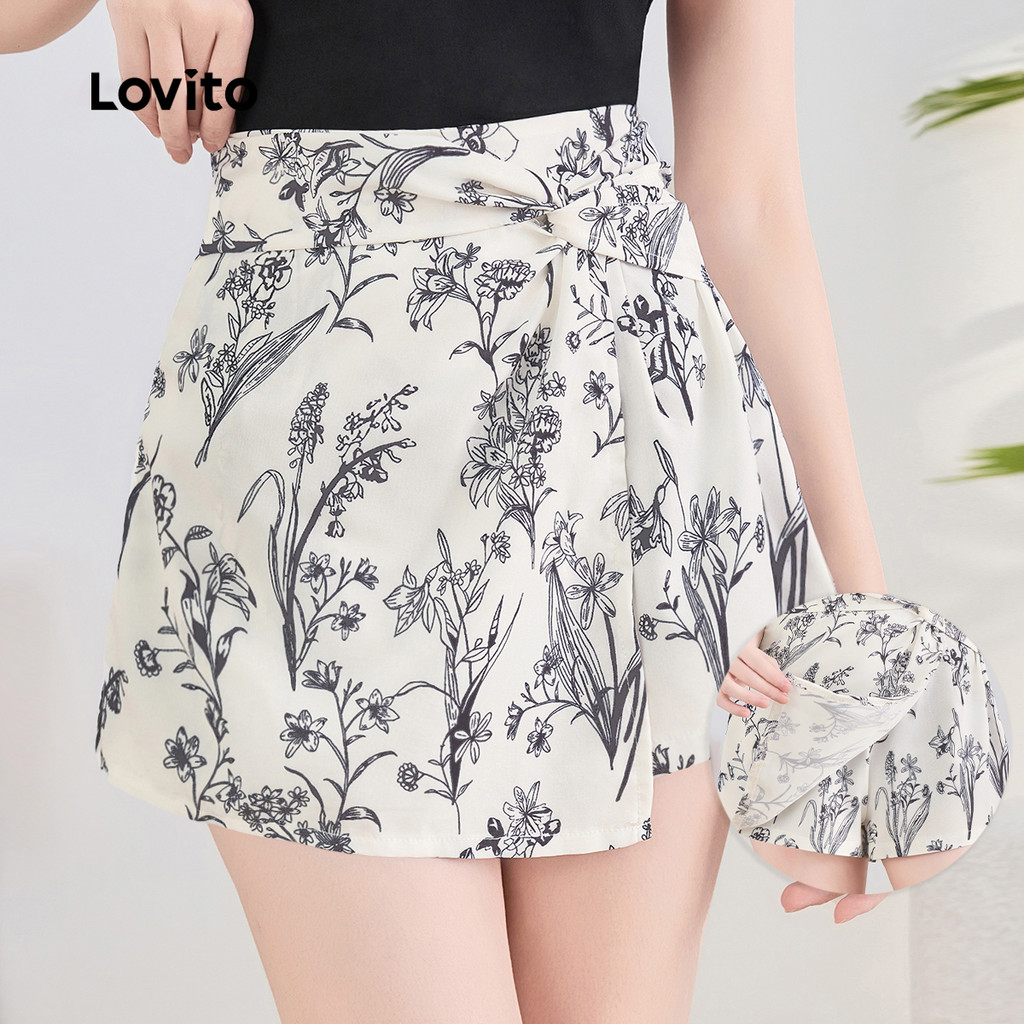 Lovito Shorts Boho Floral Assimétricos Com Nó Para Mulheres - Verão/primavera L128ED288 em Oferta na Shopee