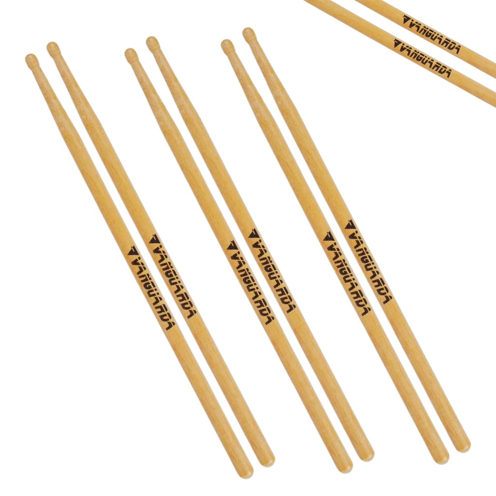 Kit 03 Pares de Baquetas Vanguarda Ponta de Madeira Oliva Bateria Percussão