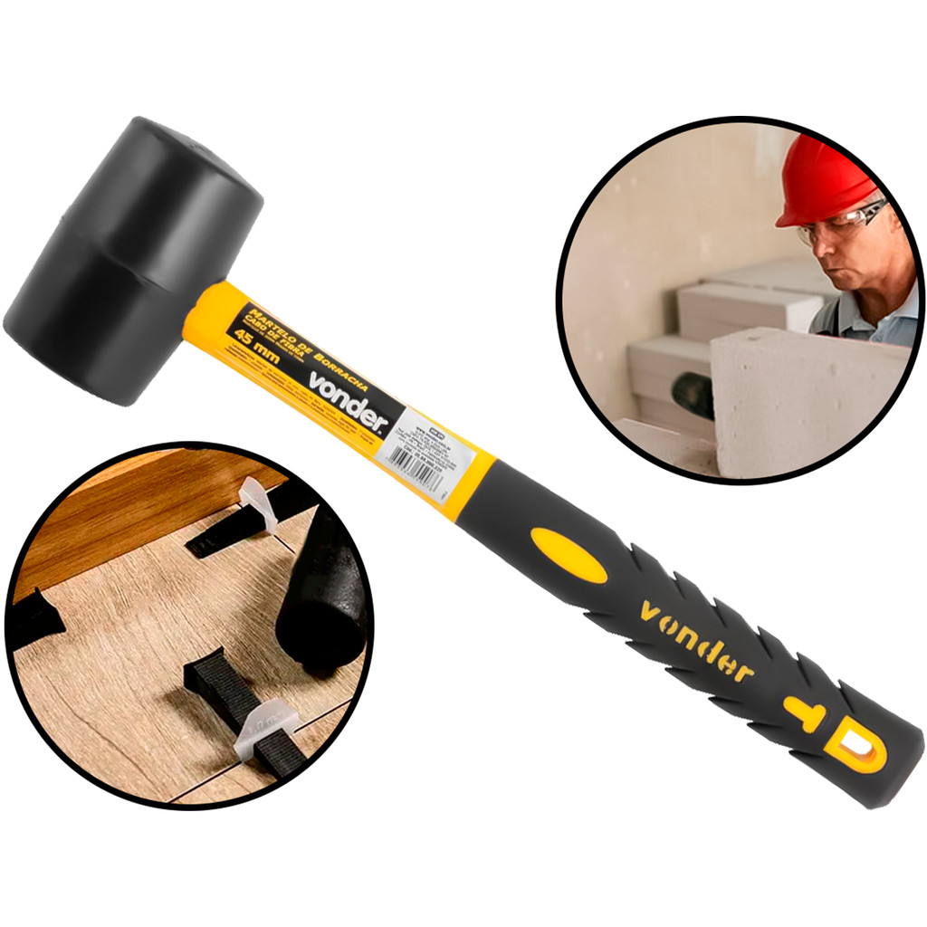 Martelo De Borracha Profissional Cabo Fibra De Vidro Resistente A Impactos 45mm Vonder em Oferta na Shopee