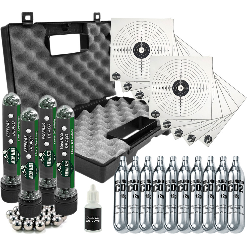 Kit Recarga Completo Esferas 6mm + 10 Cilindros Co2 + Maleta Transporte + Alvos + Óleo Lubrificar em Oferta na Shopee