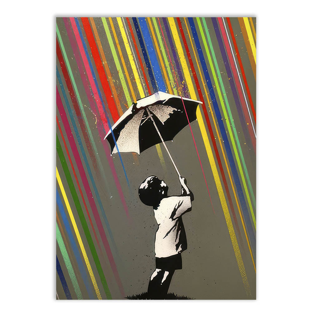 Placa Decorativa Grafite Garoto Na Chuva Colorida Arte De Rua Banksy Decoração Poster Quarto Sala
