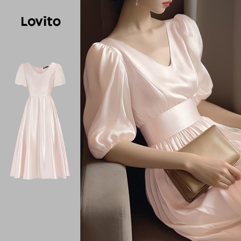 Lovito Vestido elegante com estrutura luminosa lisa e mangas bufantes para mulheres L131LD1062 - Women Clothes