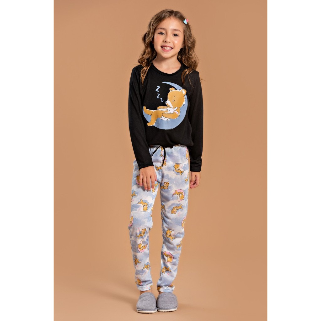 Pijama Longo Feminino Inverno Infantil Calça - Ursinho Dormindo