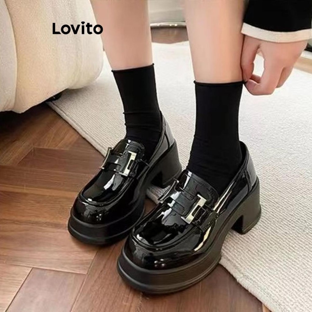 Lovito Mocassins formais simples com sola grossa estilo britânico aumentam a altura, uso diário para mulheres LFA71127 - Women Shoes