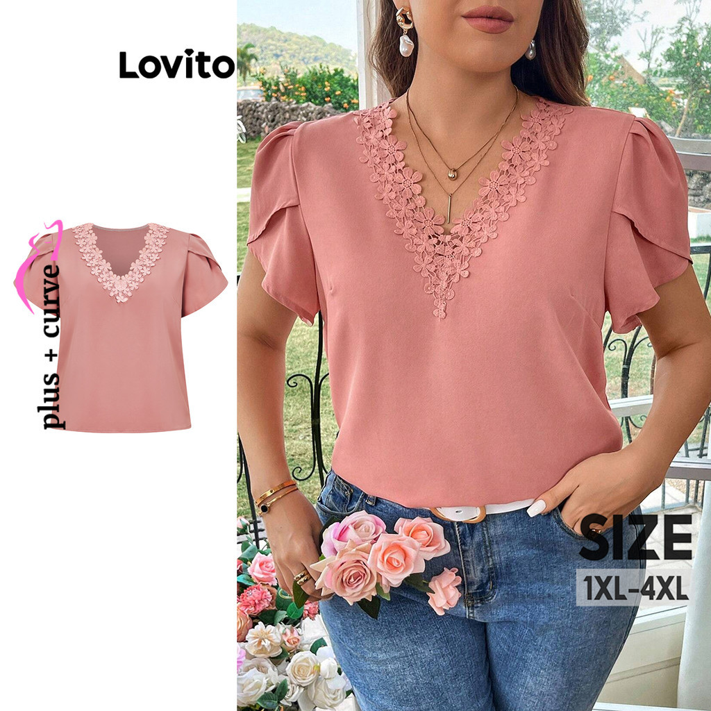 Lovito Blusa Curva Plus Size Romântica Lisa Com Babados E Gola Redonda Para Mulheres LBL15155 - Women Clothes