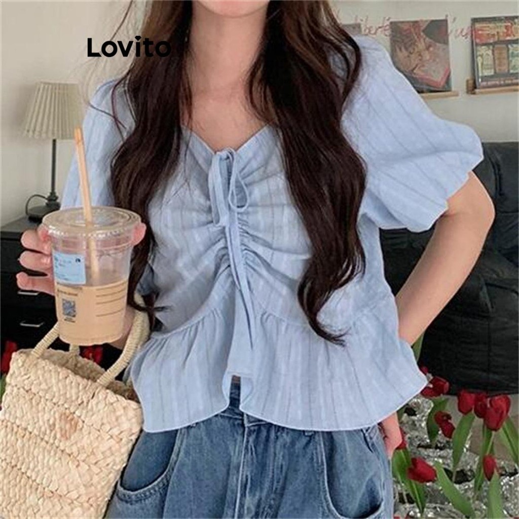 Lovito Blusa Casual Listrada Com Estampa Franzida Para Mulheres LNE71762 - Women Clothes