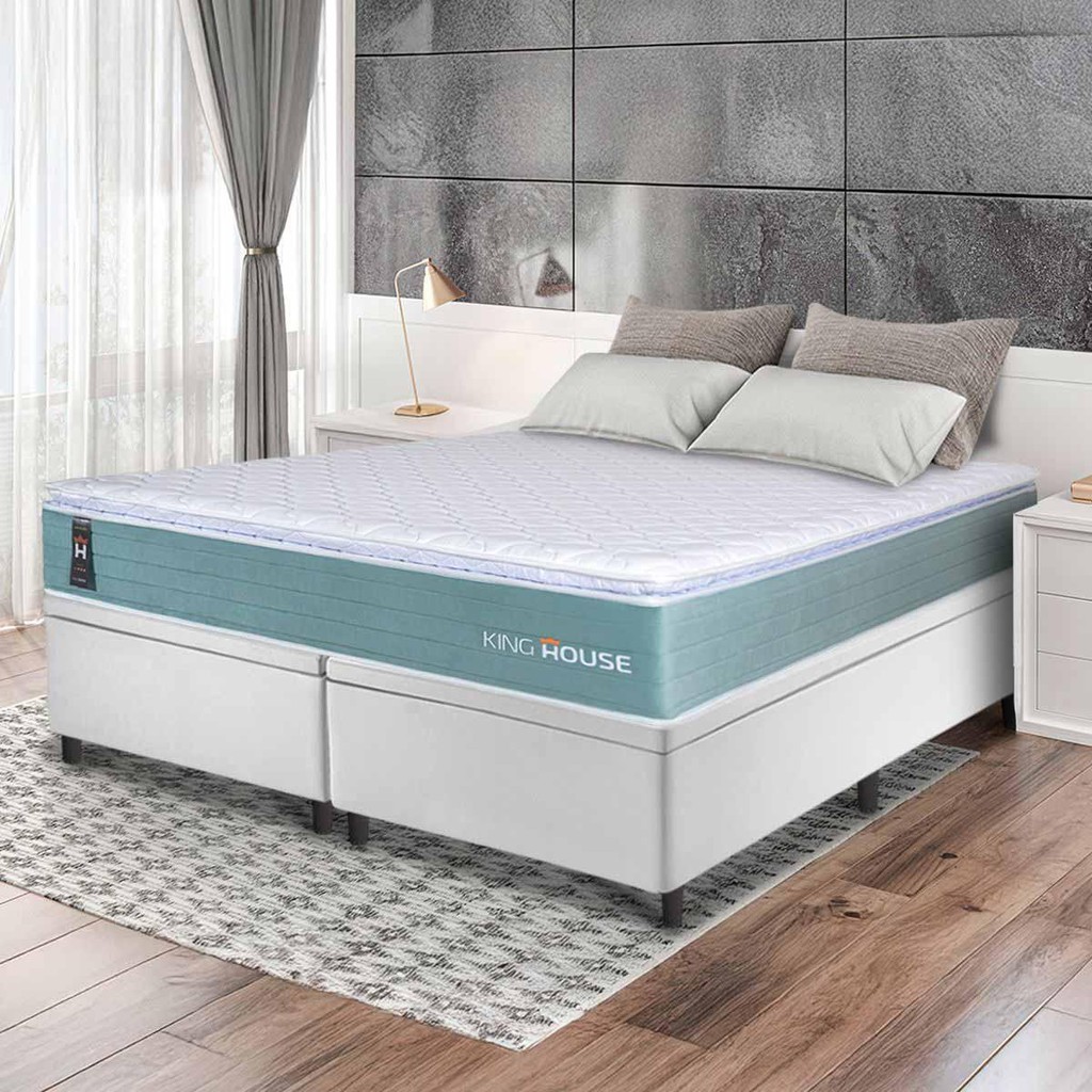 Conjunto Box Baú Branco Lagos Verde Molas Ensacadas King 193x203x73 - King House em Oferta na Shopee