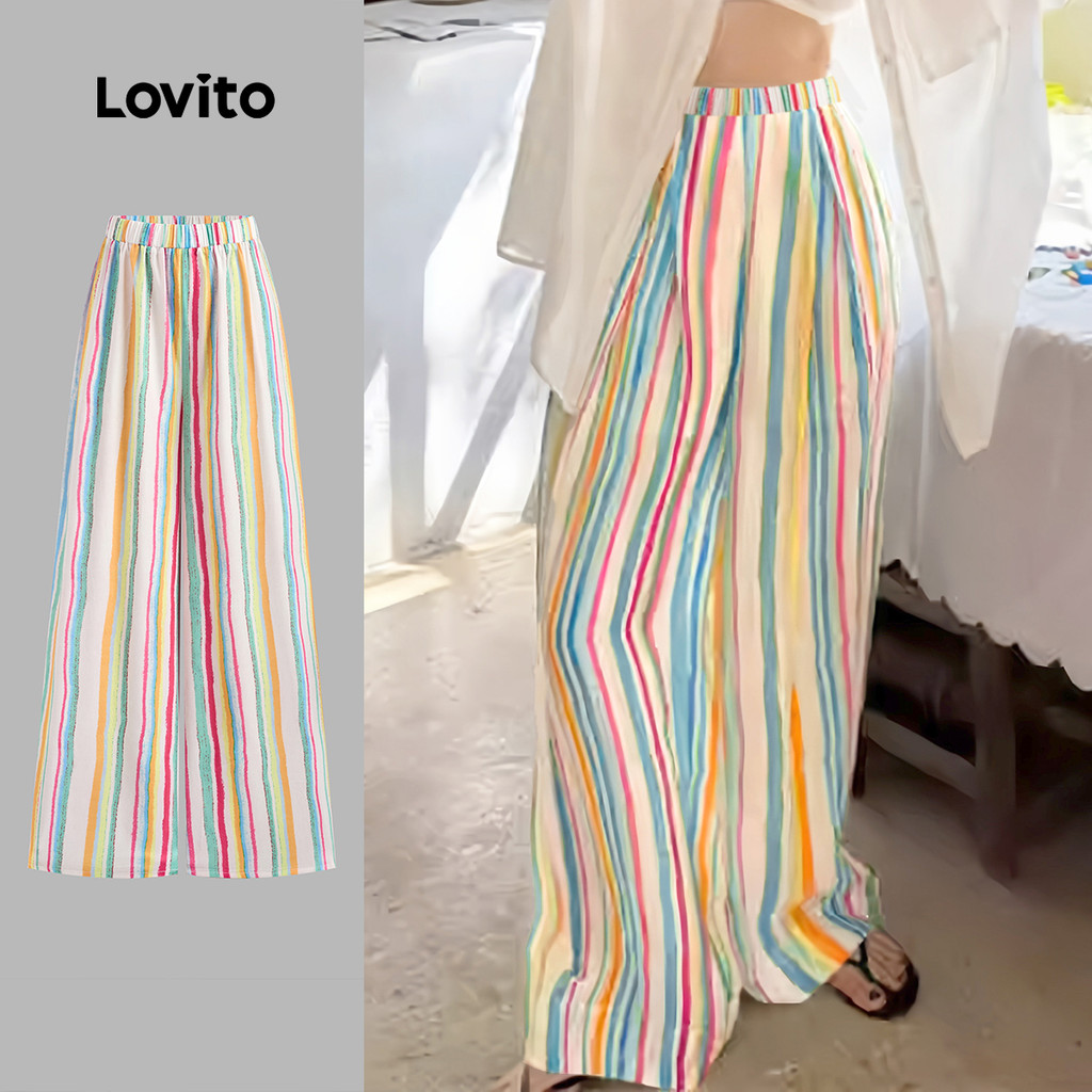 Lovito Calça Boho Com Listras Arco-íris Colorblock Verão/primavera Para Mulheres L133AD151 em Oferta na Shopee