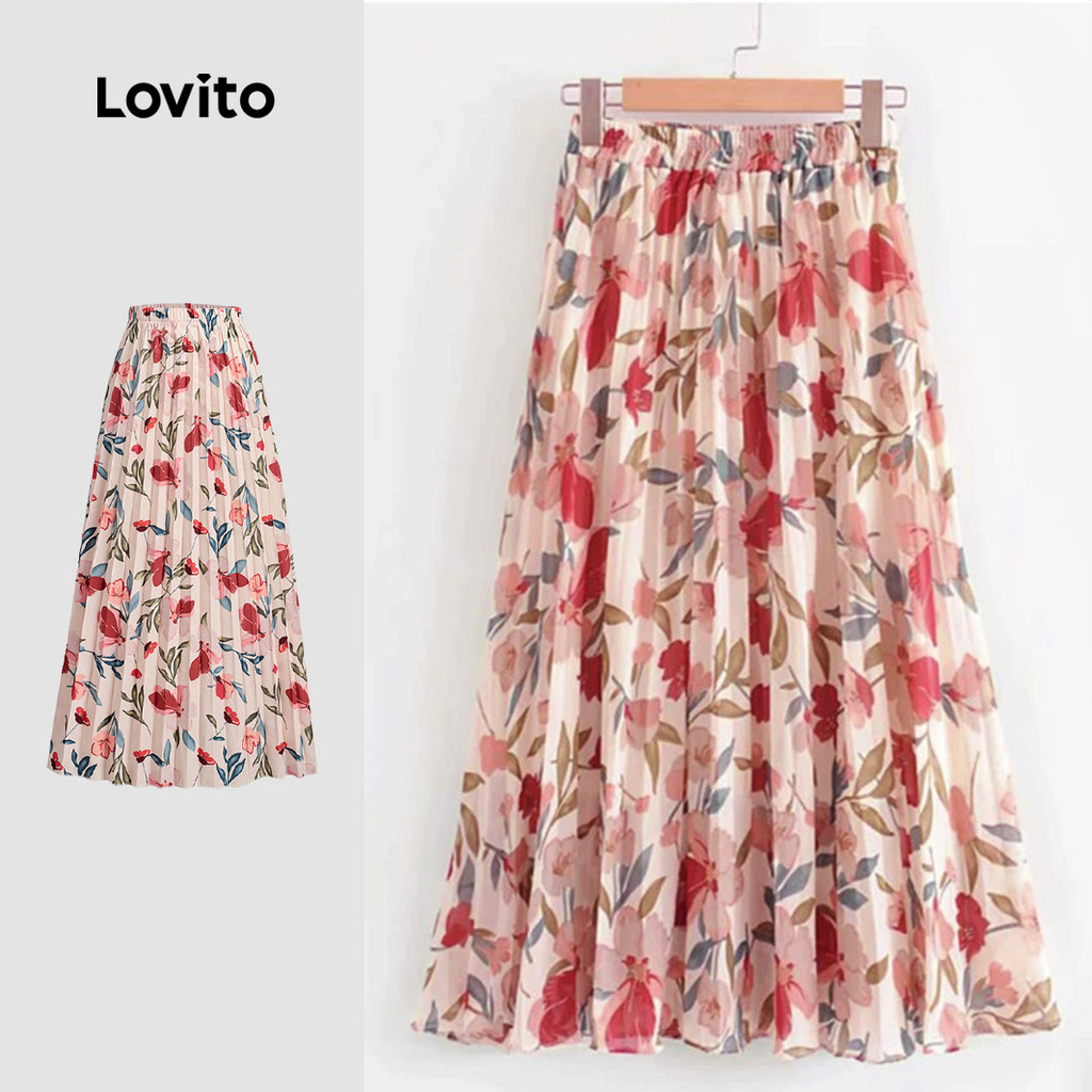 Lovito Saias Plissadas Florais Boho Para Mulheres L133ED547 - Women Clothes