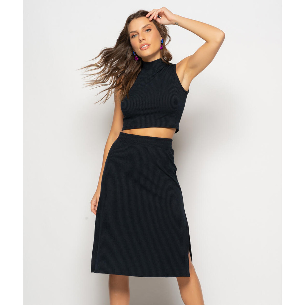 Conjunto Cropped Regata E Saia Midi Malha Canelada Salvatore