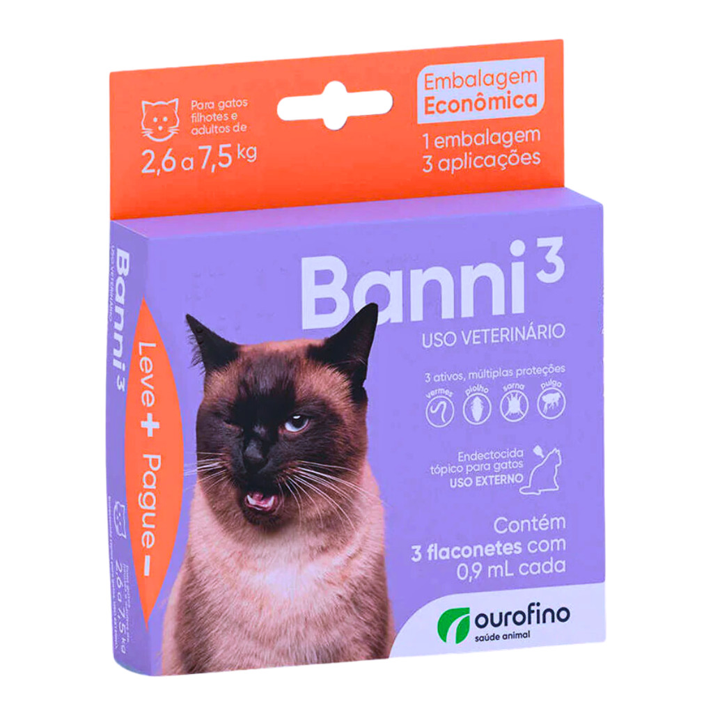 Antipulgas Banni 3 Para Gatos de 2,6 a 7,5 kg C/ 3 Flaconetes  Ourofino - Contra Pulgas, Sarna do ouvido e Vermes - Pets