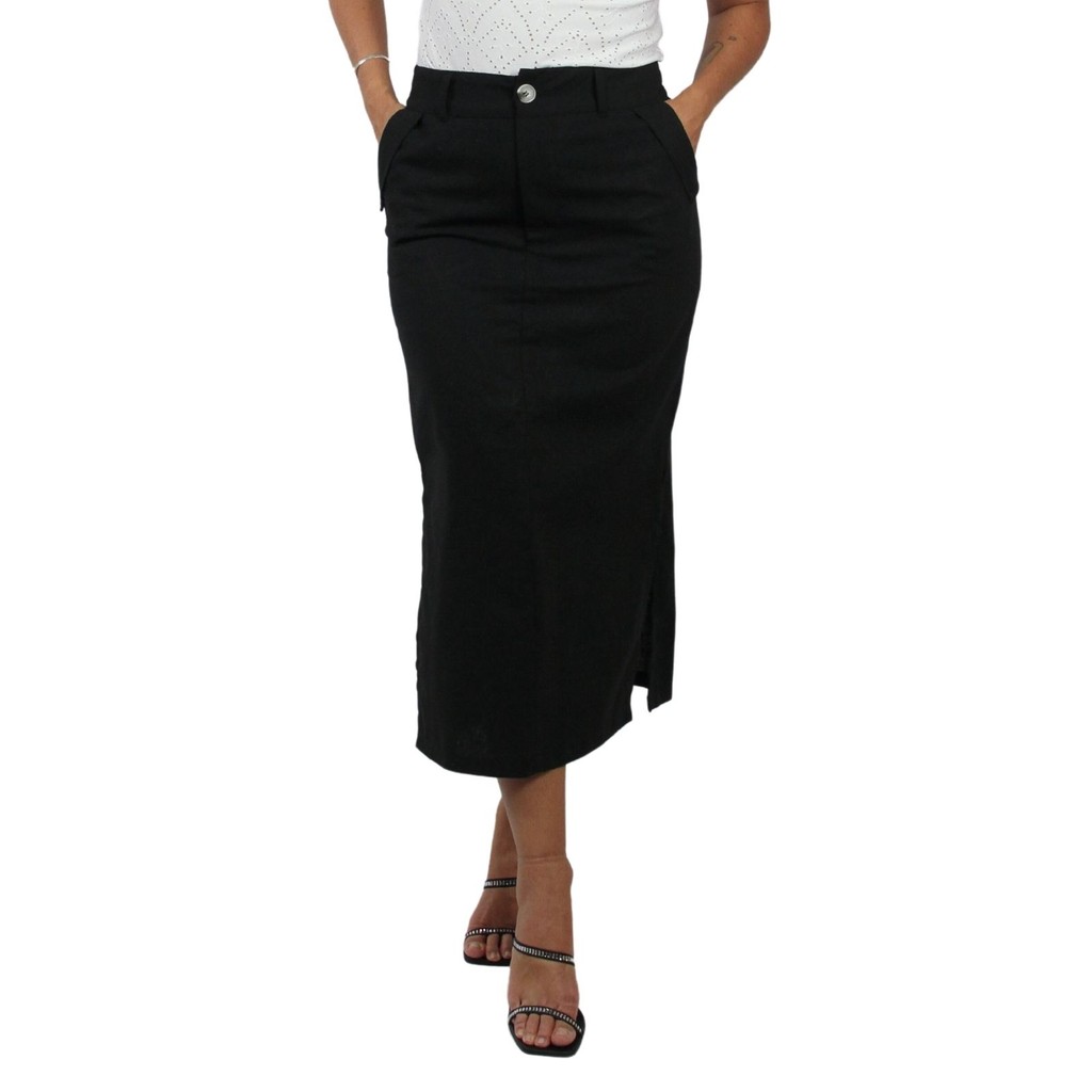 Saia Feminina de Linho Com Aba Lateral Midi Elegante com Elástico na Cintura Sem Transparência Cintura Alta