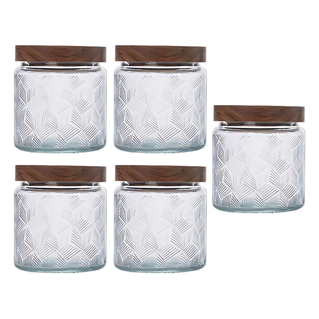 Kit 5 Pote De Vidro Baleiro 550ml Redondo Hermético Tampa Acácia Madeira  Rústico Elegante Versátil
