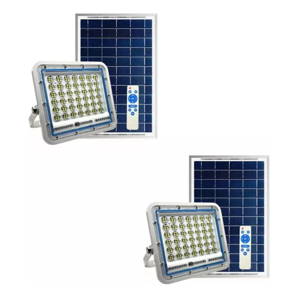 Kit 2 Refletor Led 100w C Placa Solar Prova D'água Holofote