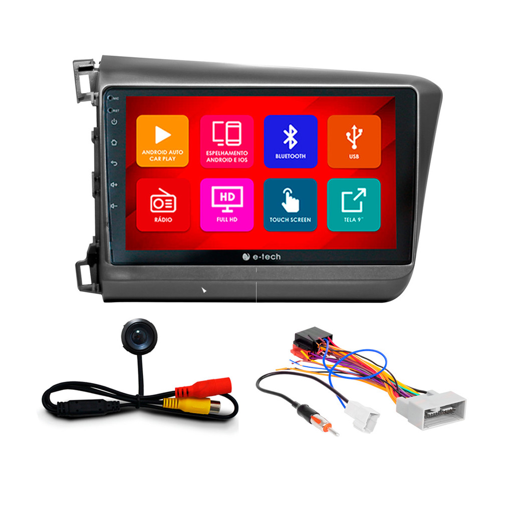 Kit Multimídia 9 Pol Civic 2012 2013 2014 2015 2016 Android Auto CarPlay Qa+ 2 Din Grafite Espelhamento Android Ios