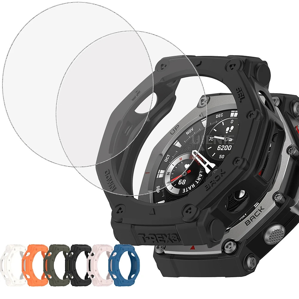 Para TREX3 Macio TPU Protetor Casos + Vidro Temperado Huami Amazfit T-REX 3 Capa Smartwatch Relógio Inteligente Oco Prot