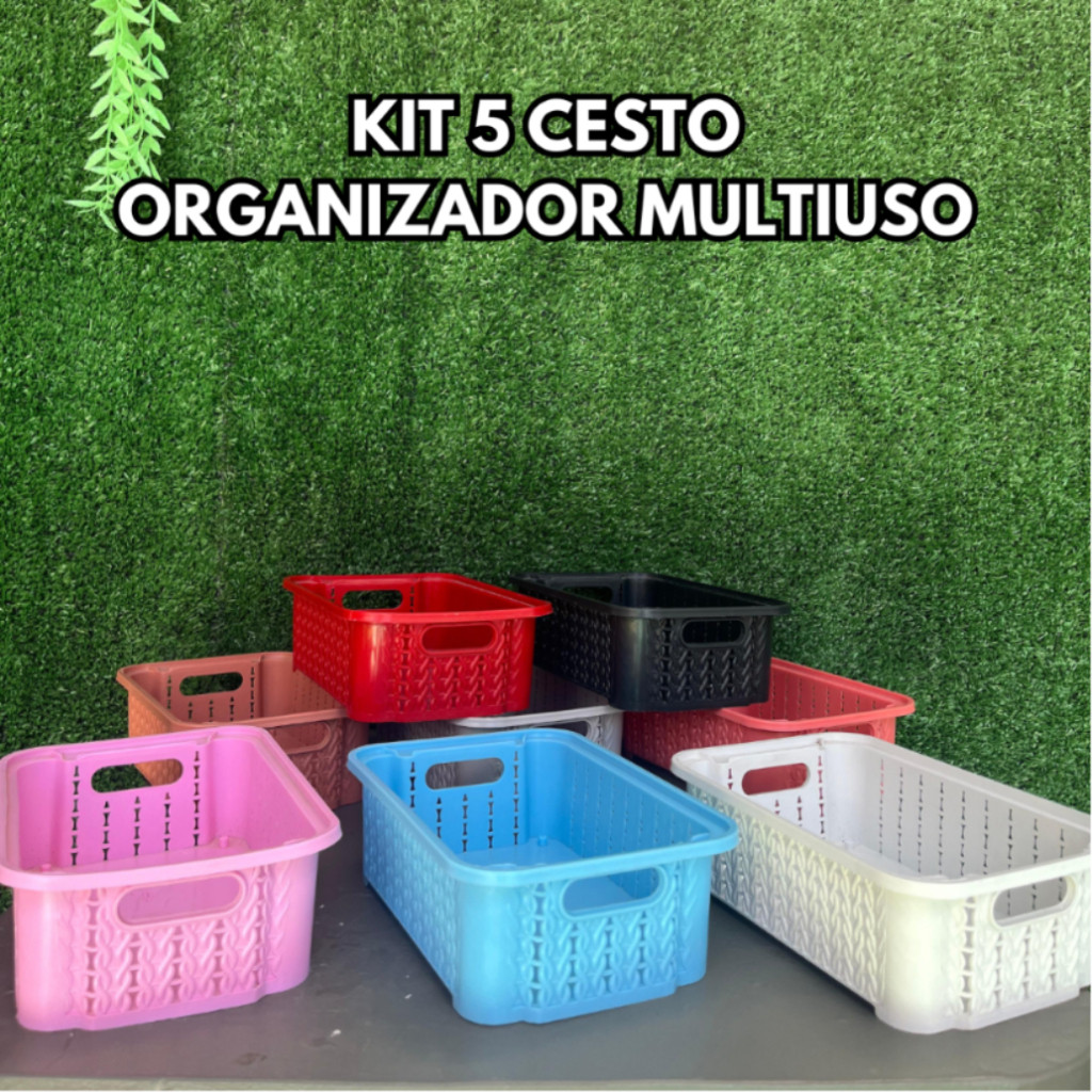 Kit 5 Cesto Organizador Multiuso Para Armários Gavetas Lavanderia Prateleiras Com Diversas Cores