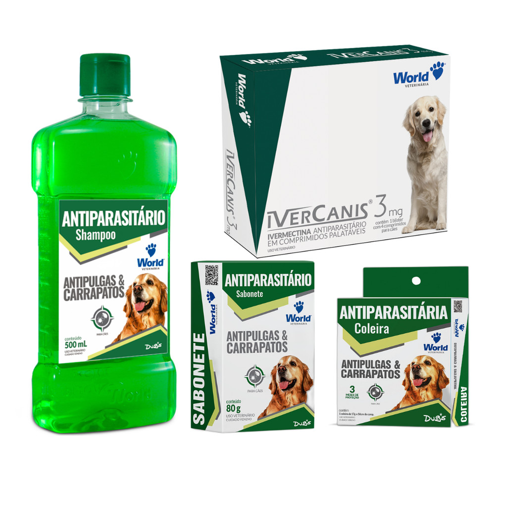 Kit Anti Pulgas e Carrapato Para Cães Cachorro Coleira Shampoo Sabonete Ivercanis 3mg World Dugs