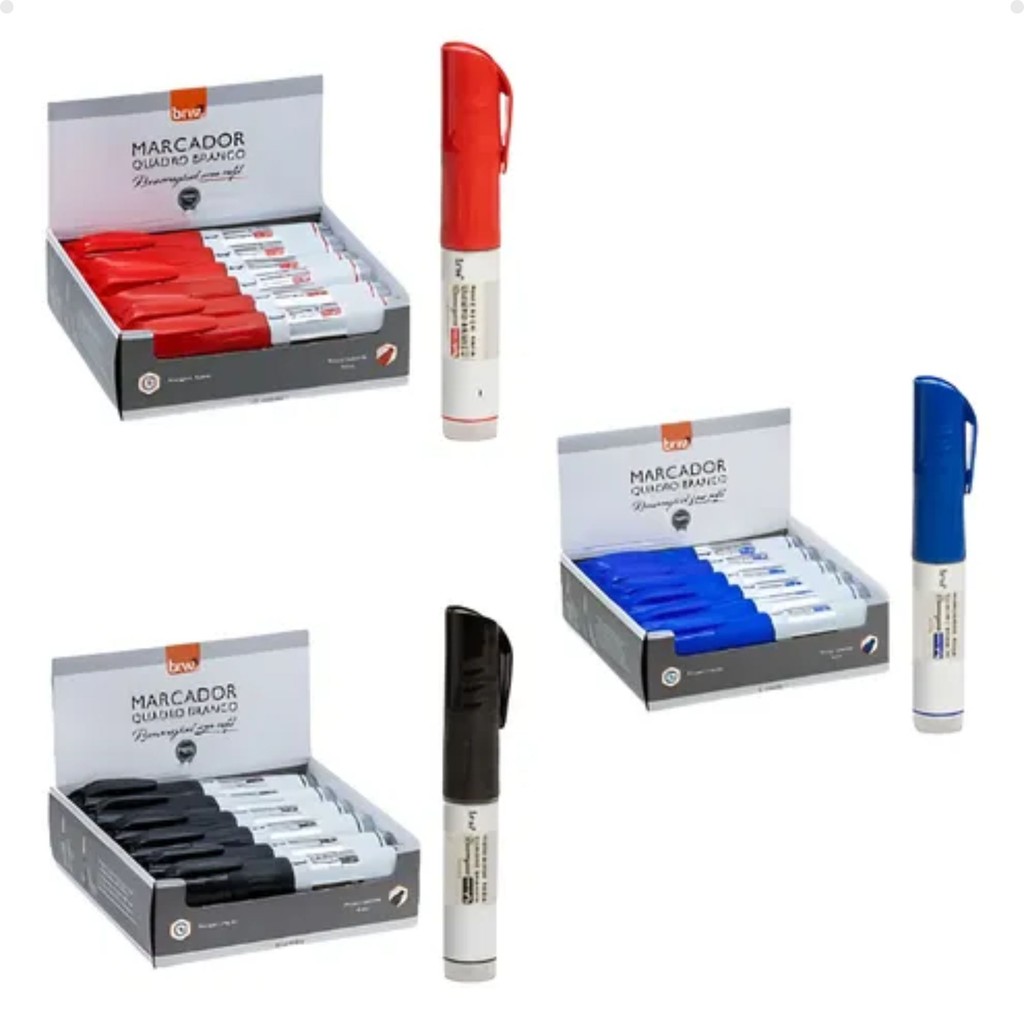 Caixa Kit 12 Marcadores Para Quadro Branco Recarregável Com Refil Brw