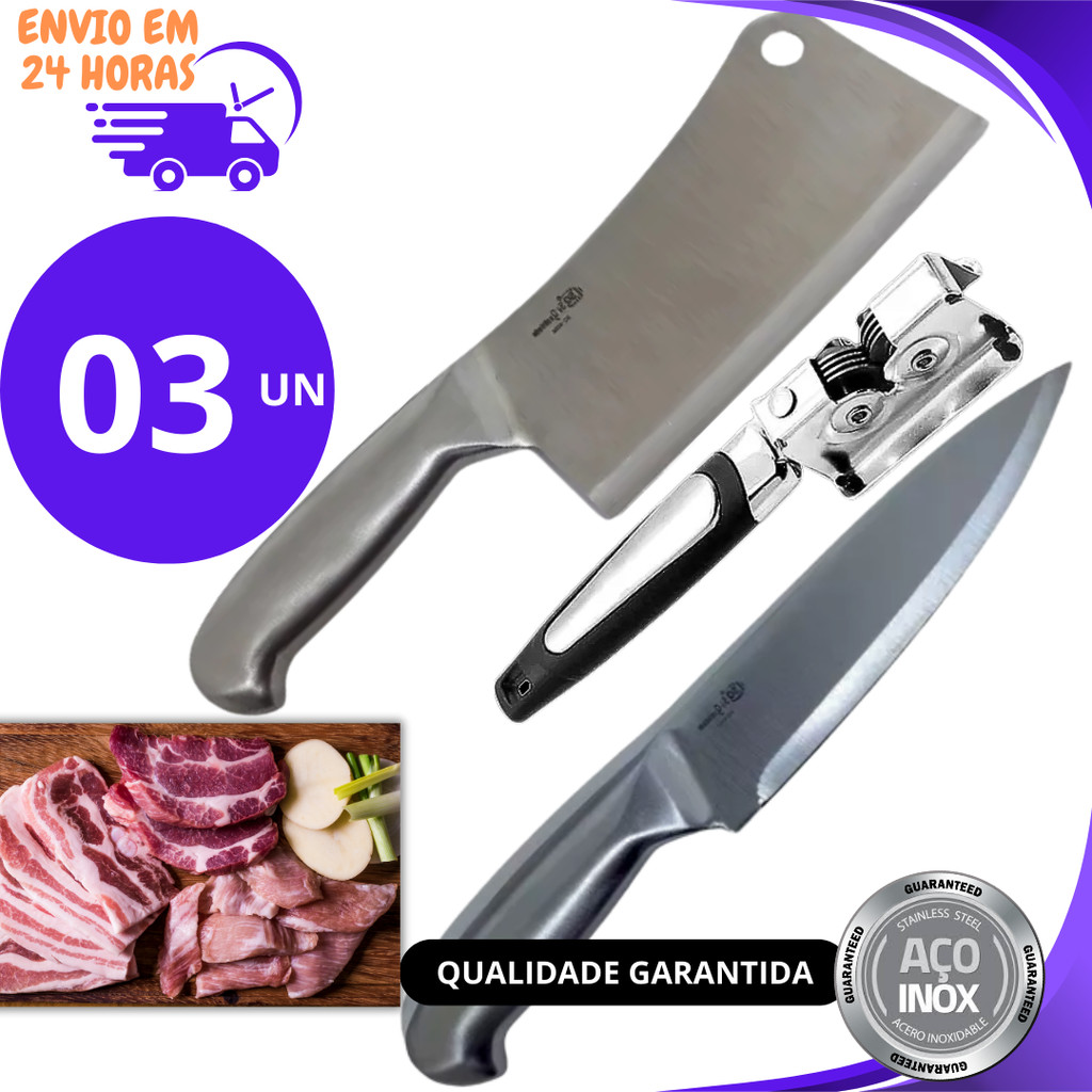 Kit 3 ou 02un Faca, Amolador e Cutelo Inteiriço Profissional Aço Inox para Churrasco Açougue Cozinha em Oferta na Shopee