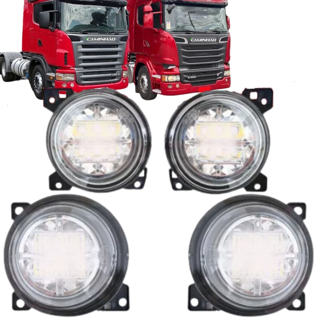 Kit 4 Farol Auxiliar Scania 124 / S5 2008 a 2018 - 100% LED - 2 Externo Neblina + 2 Interno Milha