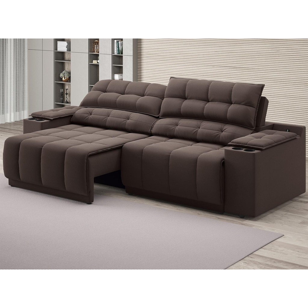Sofá com Porta Copos Carregador USB Ret Rec Samurai 2,30m Velosuede Chocolate - NETSOFAS
