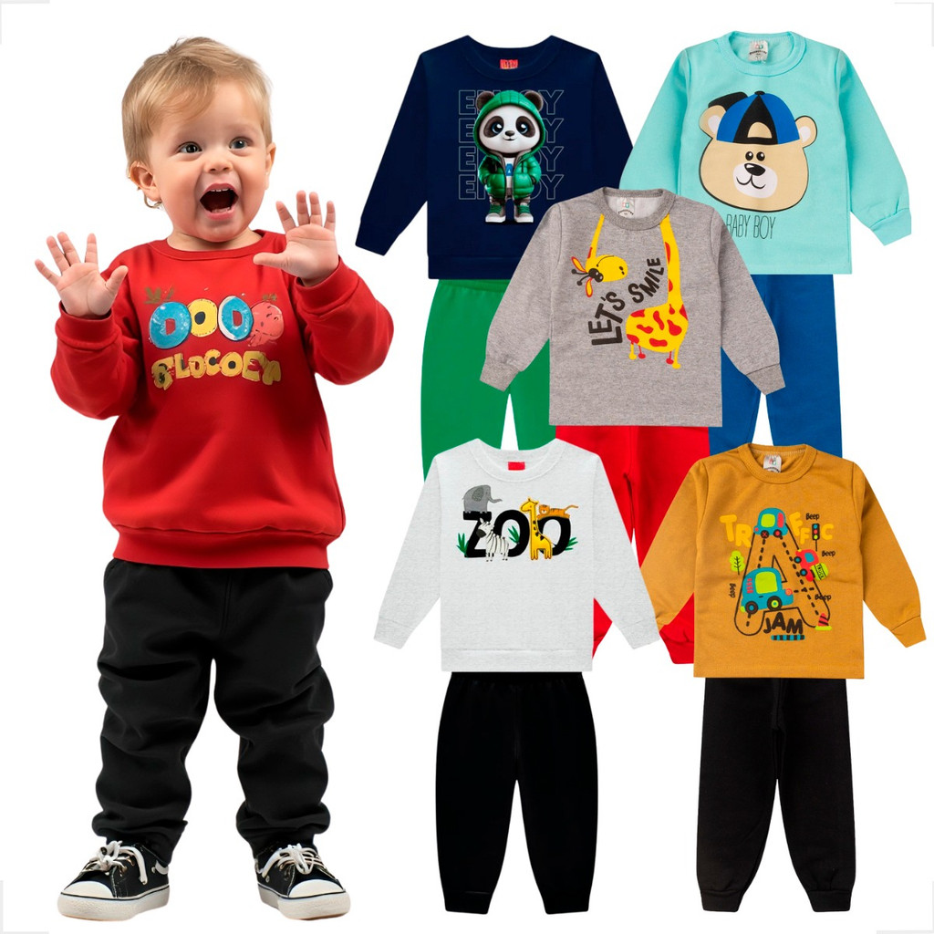 10 peças 5 Conjuntos Calça Blusa Moletom Inverno Menino Cor Sortido Criança Masculino Infantil Outono Frio Estampado