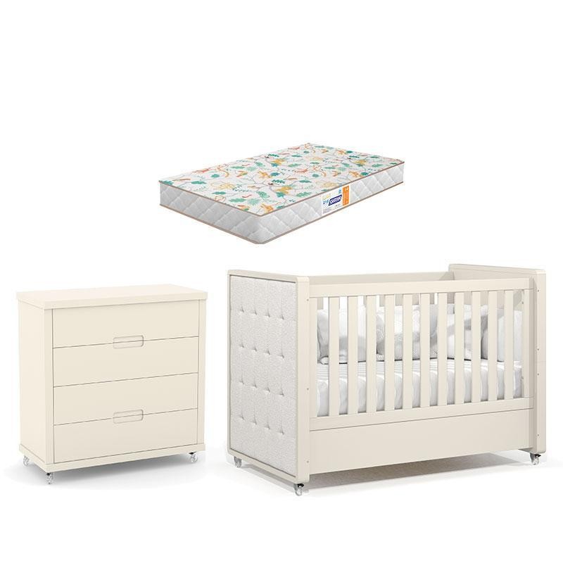 Berço Americano com Capitonê New Boucle e Cômoda Gaveteiro Infantil Tutto New Off White e Colchão Gazin - Matic