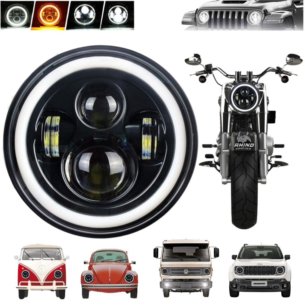 Farol Angel Eyes Defender Led Jeep Troller Fusca Kombi 7 Polegadas em Oferta na Shopee