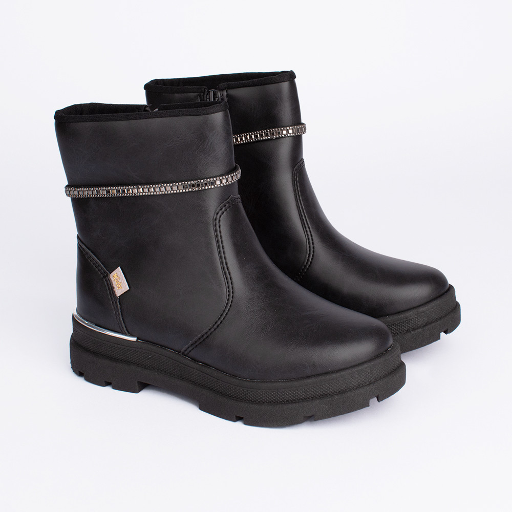 Detalhes do Bota Infantil Menina Coturno Style Preta Moderna Tira Brilhante Delicada Antiderrapante Tratorada
