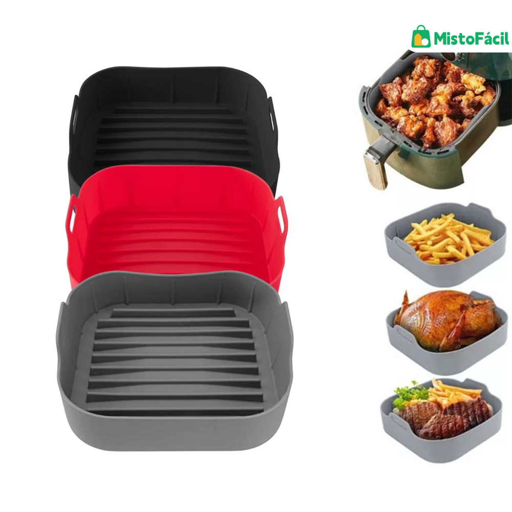 Forma Silicone Reforçada Quadrada 20cm Air Fryer 4~6L Antiaderente Longa Durabilidade