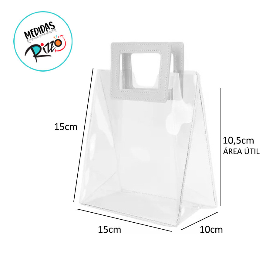 Sacola Transparente PVC com Alça Quadrada de Couro Branca - 15x15x10 - 1 unidade - Rizzo