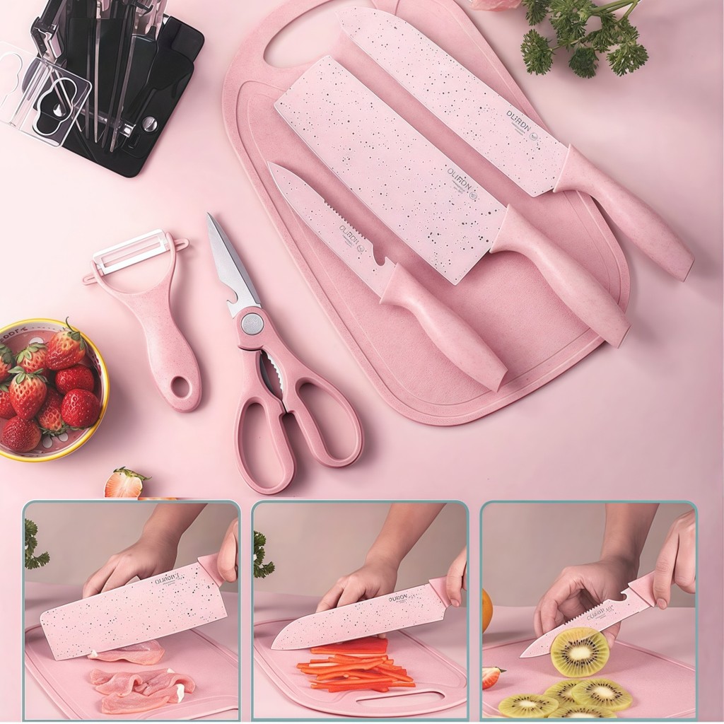 Jogo De Facas Inox Descascador E Tesoura 6 Peças Rosa