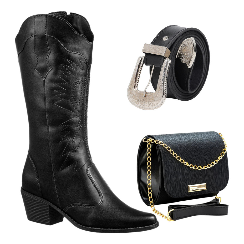 Bota Feminina Texana Rodeio Country Salto + Cinto + Bolsa