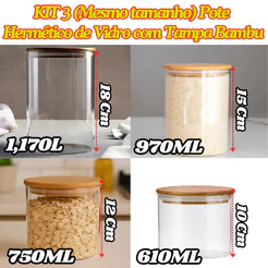 KIT 3 Pote De Vidro Hermético Com Tampa De Bambu Redondo Organizador Multiuso De Cozinha