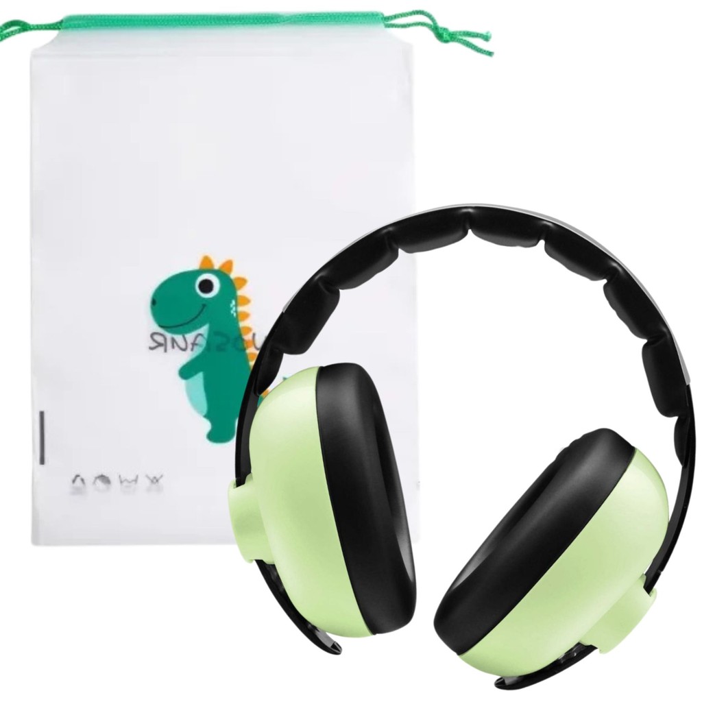 Kit Abafador de Ruído Infantil Verde Menta + Saquinho de Dinossauro Protetor Auricular Fone Antirruído Crianças, Bebê