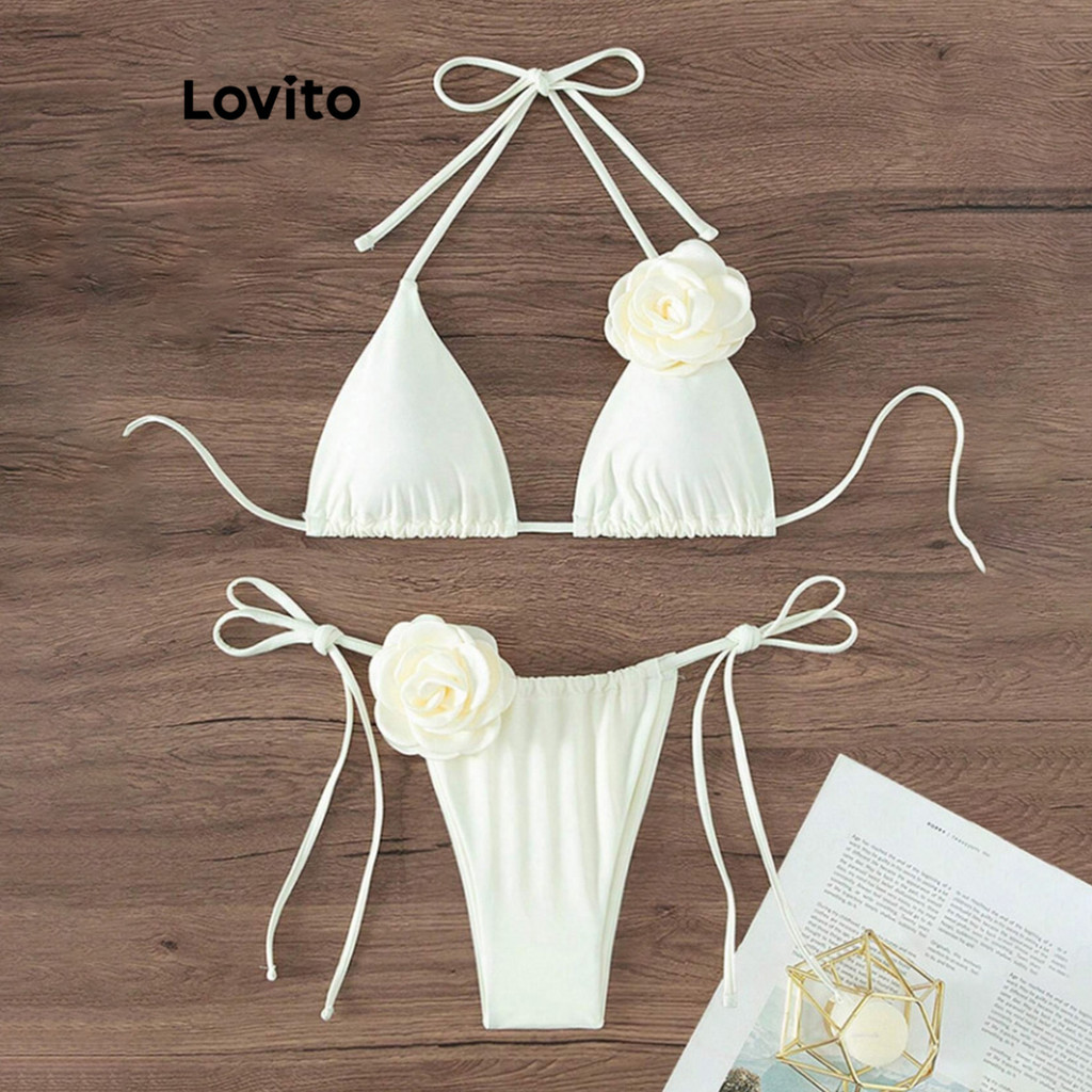 Lovito Conjuntos de biquíni casual com apliques lisos com cadarço para mulheres LNE60537 - Sports & Outdoors
