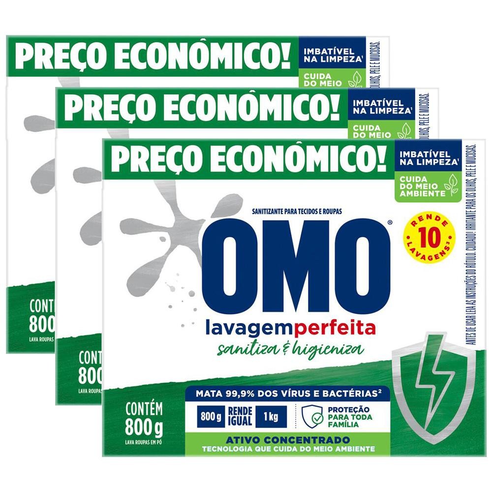 Kit 3 Lava Roupas em Pó Omo Lavagem Perfeita Sanitiza & Higieniza 800g em Oferta na Shopee