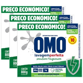Kit 3 Lava Roupas em Pó Omo Lavagem Perfeita Sanitiza & Higieniza 800g em Oferta na Shopee